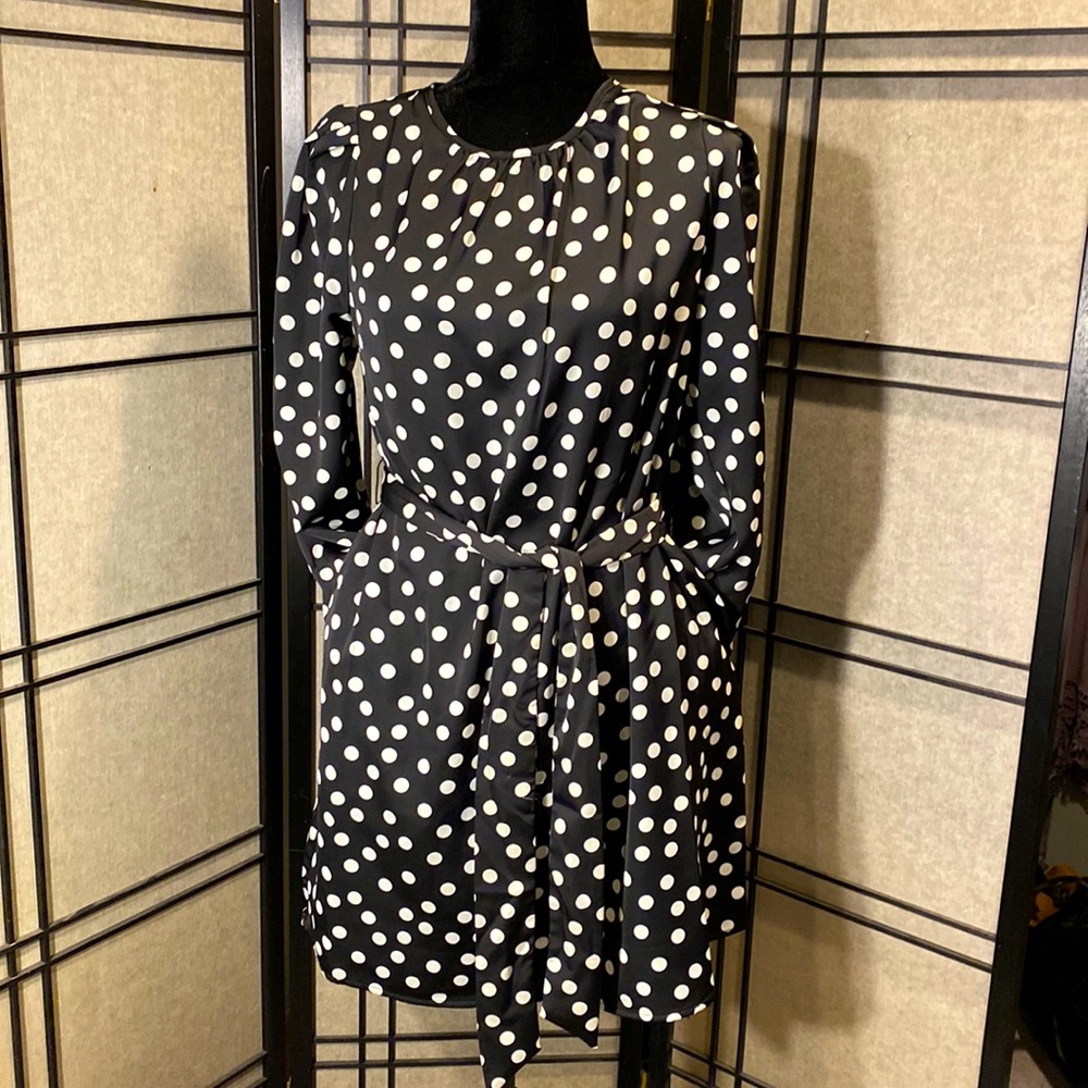 A New Day belted black white polka dot dress WITH POCKETs long sleeved Sz XS